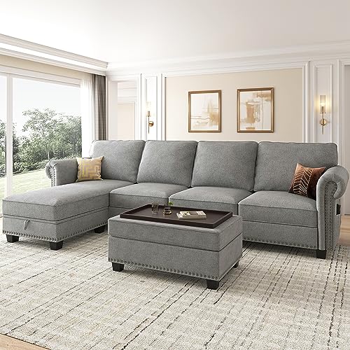 Light Grey L-Shaped Convertible Sectional Sofa with Storage