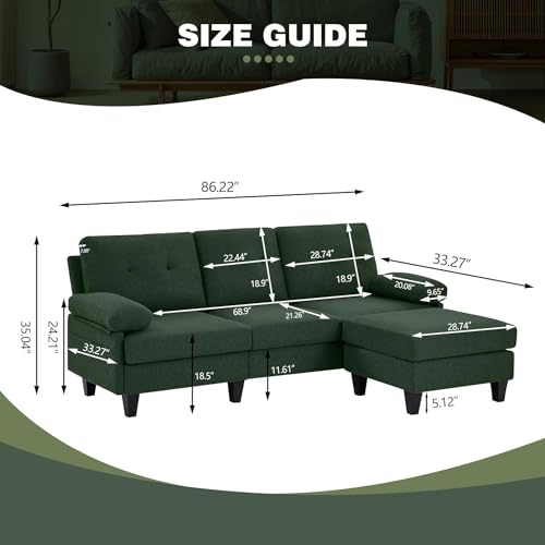 Green L-Shaped 86" Convertible Sectional Sofa with Ottoman