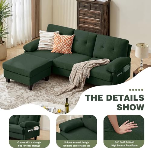 Green L-Shaped 86" Convertible Sectional Sofa with Ottoman
