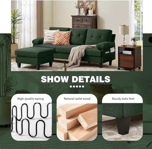 Green L-Shaped 86" Convertible Sectional Sofa with Ottoman