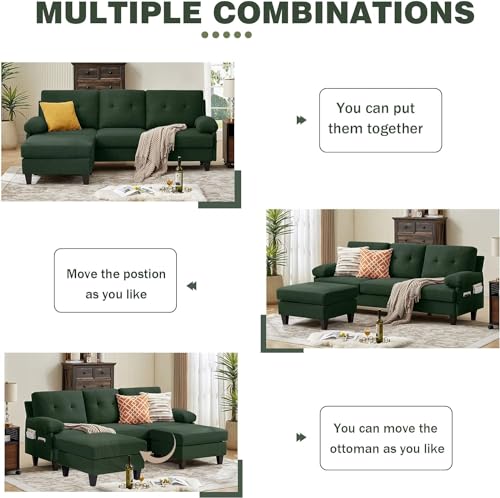 Green L-Shaped 86" Convertible Sectional Sofa with Ottoman