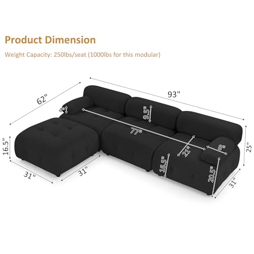 Modular L-Shaped Black Velvet Sectional Sofa