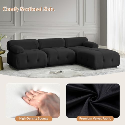 Modular L-Shaped Black Velvet Sectional Sofa