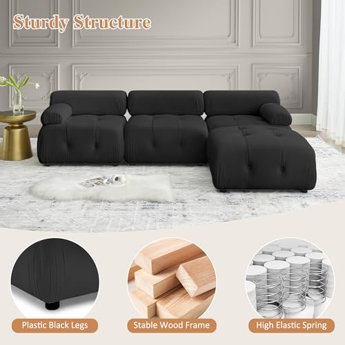 Modular L-Shaped Black Velvet Sectional Sofa