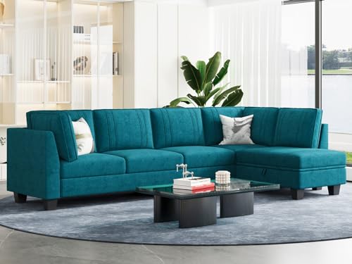 Peacock Blue L-Shaped Sectional Sofa with Ottoman