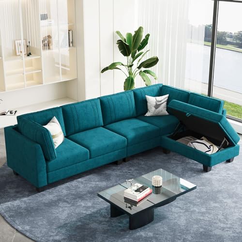 Peacock Blue L-Shaped Sectional Sofa with Ottoman