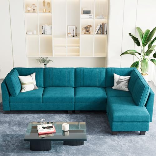 Peacock Blue L-Shaped Sectional Sofa with Ottoman