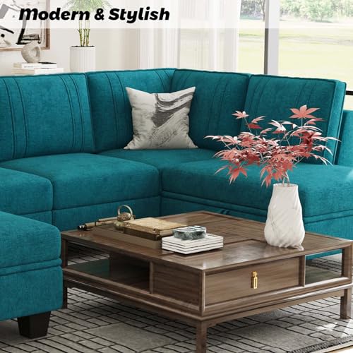 Peacock Blue L-Shaped Sectional Sofa with Ottoman