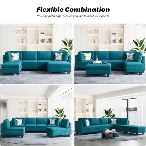 Peacock Blue L-Shaped Sectional Sofa with Ottoman