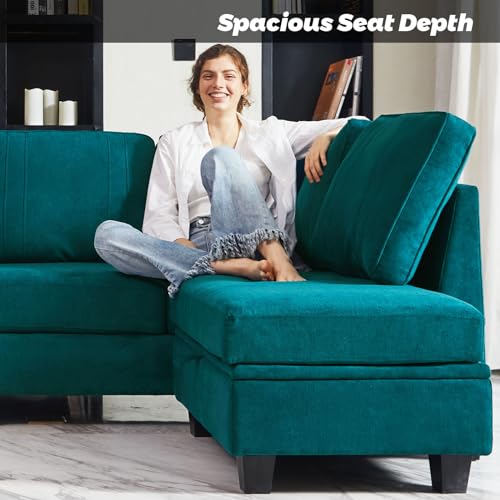 Peacock Blue L-Shaped Sectional Sofa with Ottoman