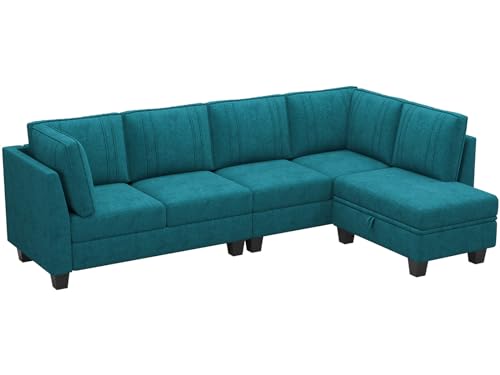 Peacock Blue L-Shaped Sectional Sofa with Ottoman