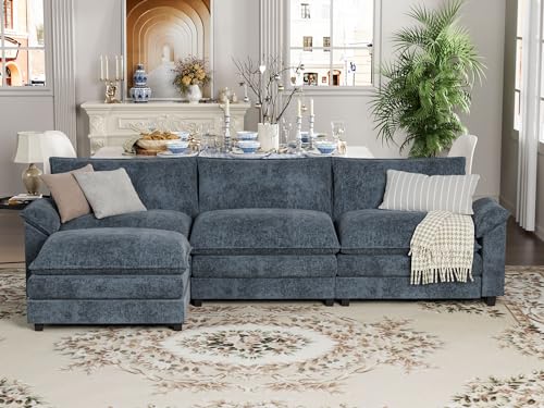 Blue L-Shaped Sectional Sofa with Removable Ottoman