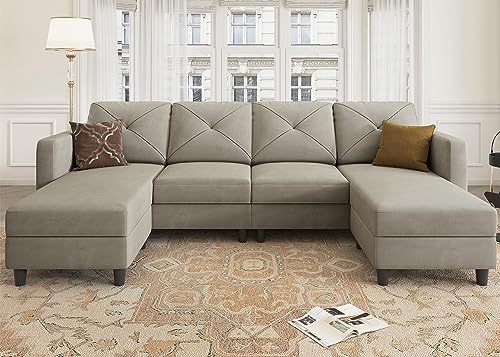 HONBAY U-Shaped Convertible Sofa with Ottomans