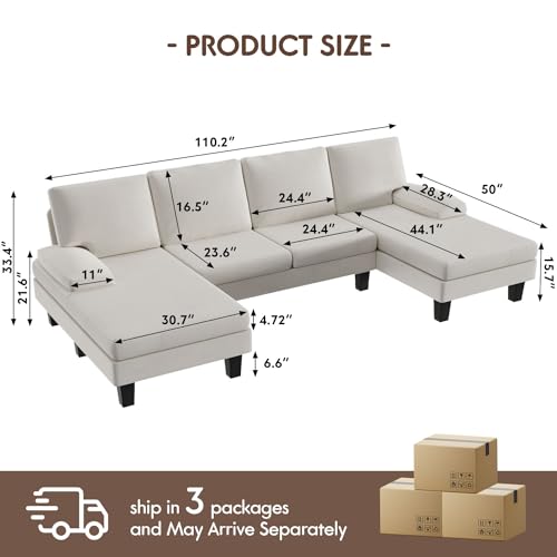 White U-Shaped Chenille Sectional Sofa with Chaise