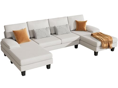 White U-Shaped Chenille Sectional Sofa with Chaise