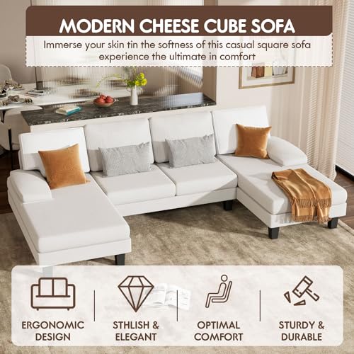 White U-Shaped Chenille Sectional Sofa with Chaise