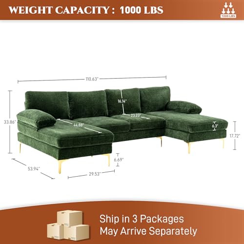 L-Shaped Green Chenille Sectional Sofa Set