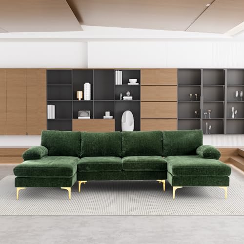 L-Shaped Green Chenille Sectional Sofa Set