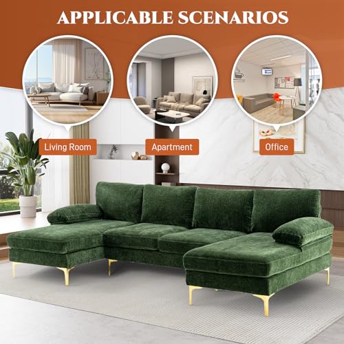 L-Shaped Green Chenille Sectional Sofa Set