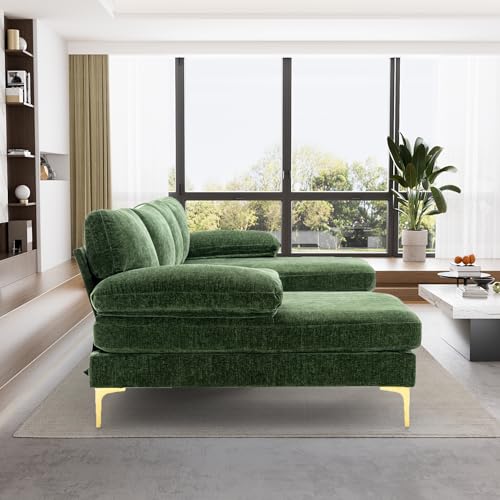 L-Shaped Green Chenille Sectional Sofa Set