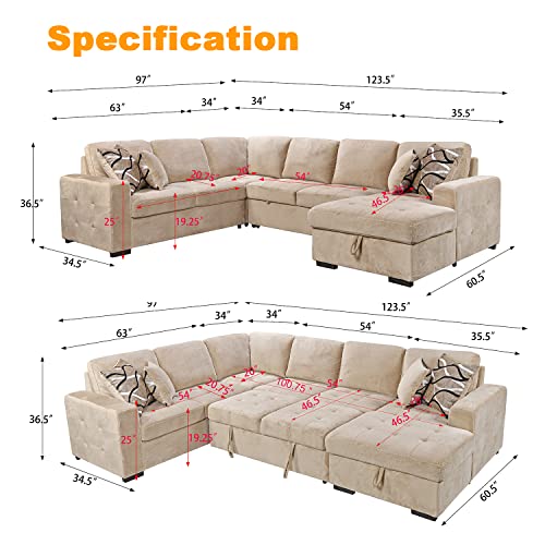 Beige U-Shaped Sleeper Sectional Sofa with Storage