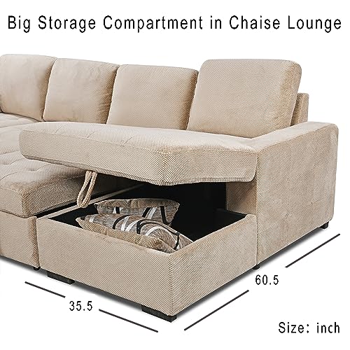 Beige U-Shaped Sleeper Sectional Sofa with Storage
