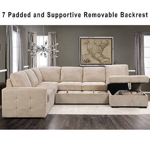 Beige U-Shaped Sleeper Sectional Sofa with Storage