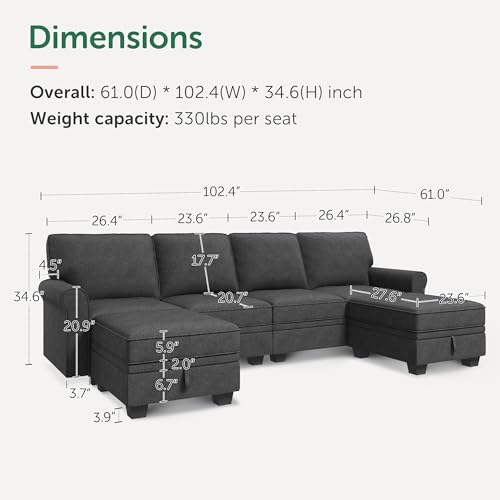 HONBAY U-Shaped Convertible Sofa with Storage, Dark Grey