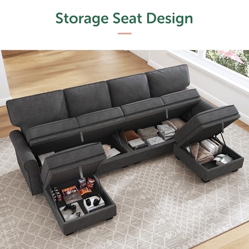HONBAY U-Shaped Convertible Sofa with Storage, Dark Grey