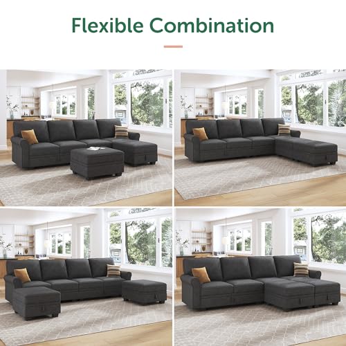 HONBAY U-Shaped Convertible Sofa with Storage, Dark Grey