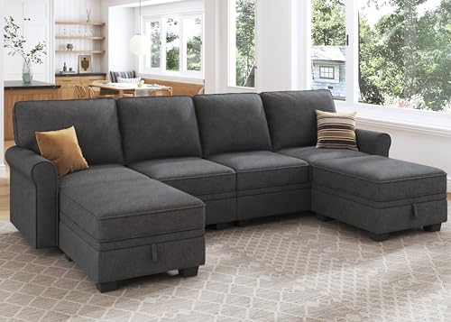 HONBAY U-Shaped Convertible Sofa with Storage, Dark Grey