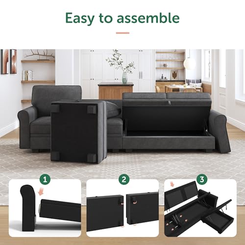 HONBAY U-Shaped Convertible Sofa with Storage, Dark Grey