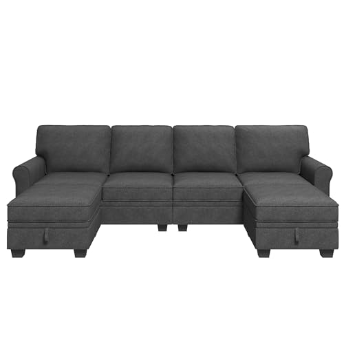 HONBAY U-Shaped Convertible Sofa with Storage, Dark Grey