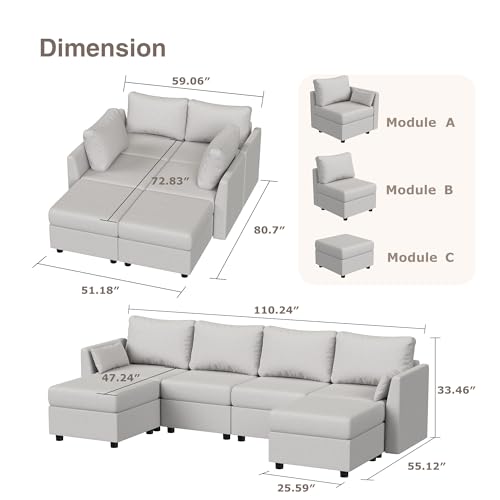 Light Grey Modular U-Shaped Sectional Sofa with Storage