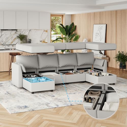 Light Grey Modular U-Shaped Sectional Sofa with Storage