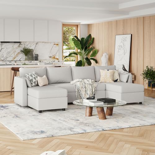 Light Grey Modular U-Shaped Sectional Sofa with Storage
