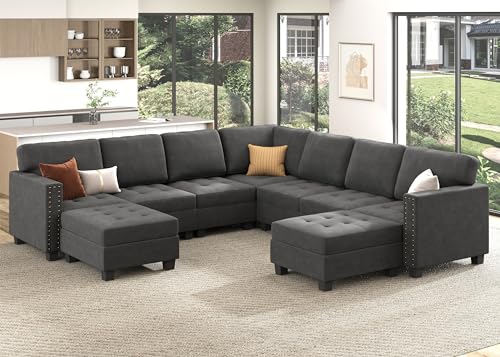 HONBAY Grey Velvet U-Shaped Sectional Sofa