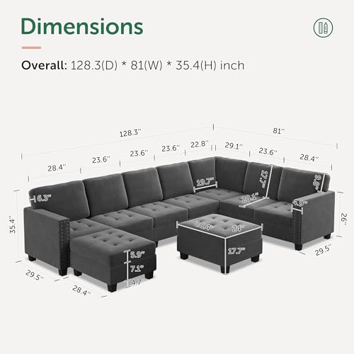 HONBAY Grey Velvet U-Shaped Sectional Sofa