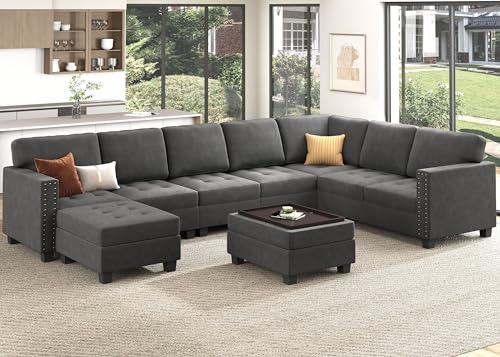 HONBAY Grey Velvet U-Shaped Sectional Sofa