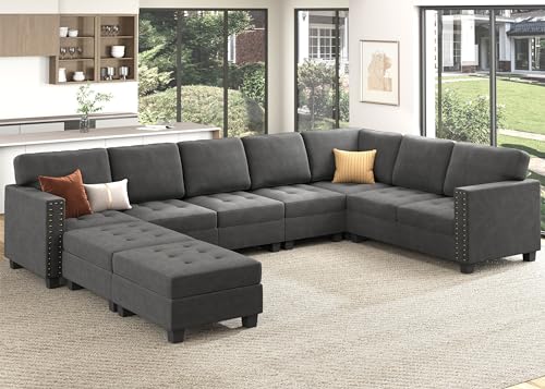 HONBAY Grey Velvet U-Shaped Sectional Sofa
