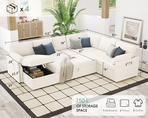 VanAcc 112" U-Shaped Sleeper Sofa with Storage