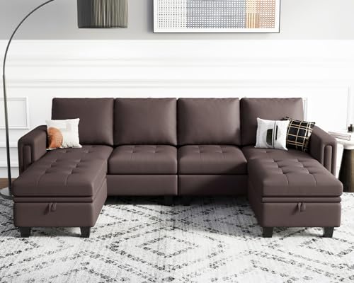 Belffin Brown U-Shaped Faux Leather Sectional Sofa