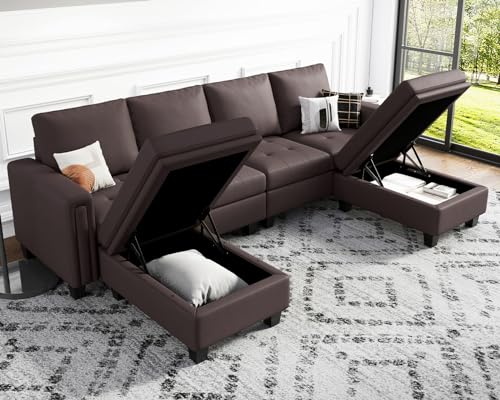 Belffin Brown U-Shaped Faux Leather Sectional Sofa