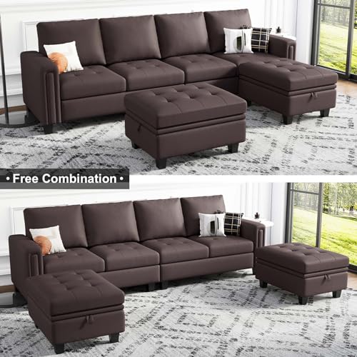 Belffin Brown U-Shaped Faux Leather Sectional Sofa