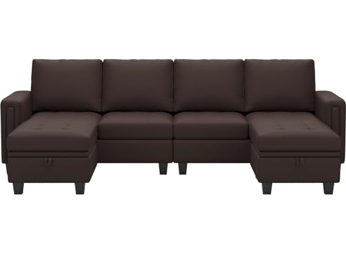 Belffin Brown U-Shaped Faux Leather Sectional Sofa