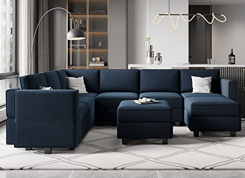 Oversized Blue Velvet Modular Sectional Sofa Set