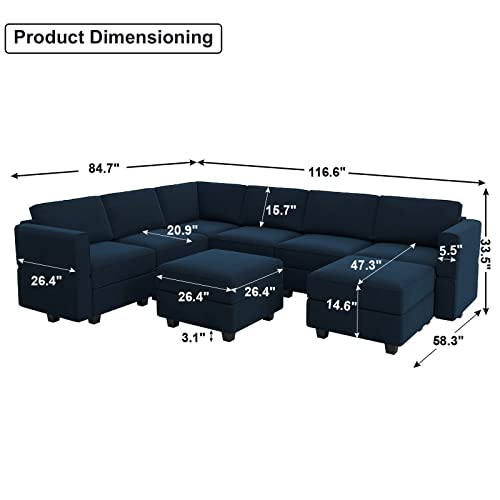 Oversized Blue Velvet Modular Sectional Sofa Set