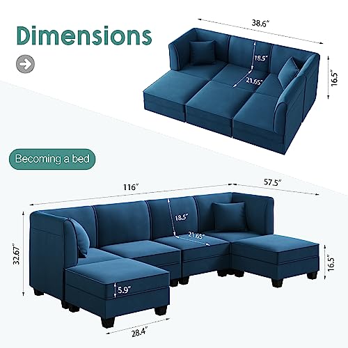 Shintenchi 116" Reversible Blue Modular Sectional Sofa