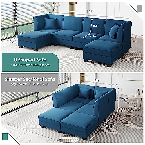 Shintenchi 116" Reversible Blue Modular Sectional Sofa