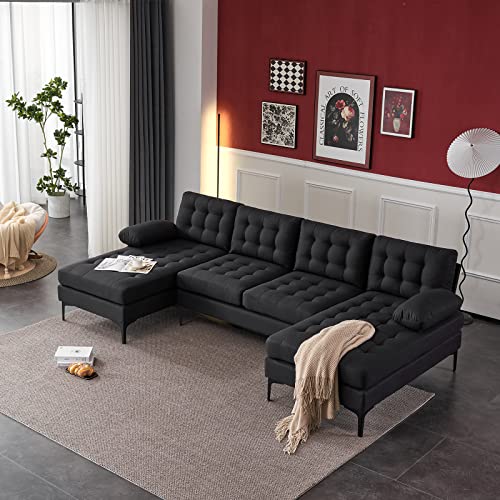 U-Shaped Black Linen Sectional Sofa with Chaises